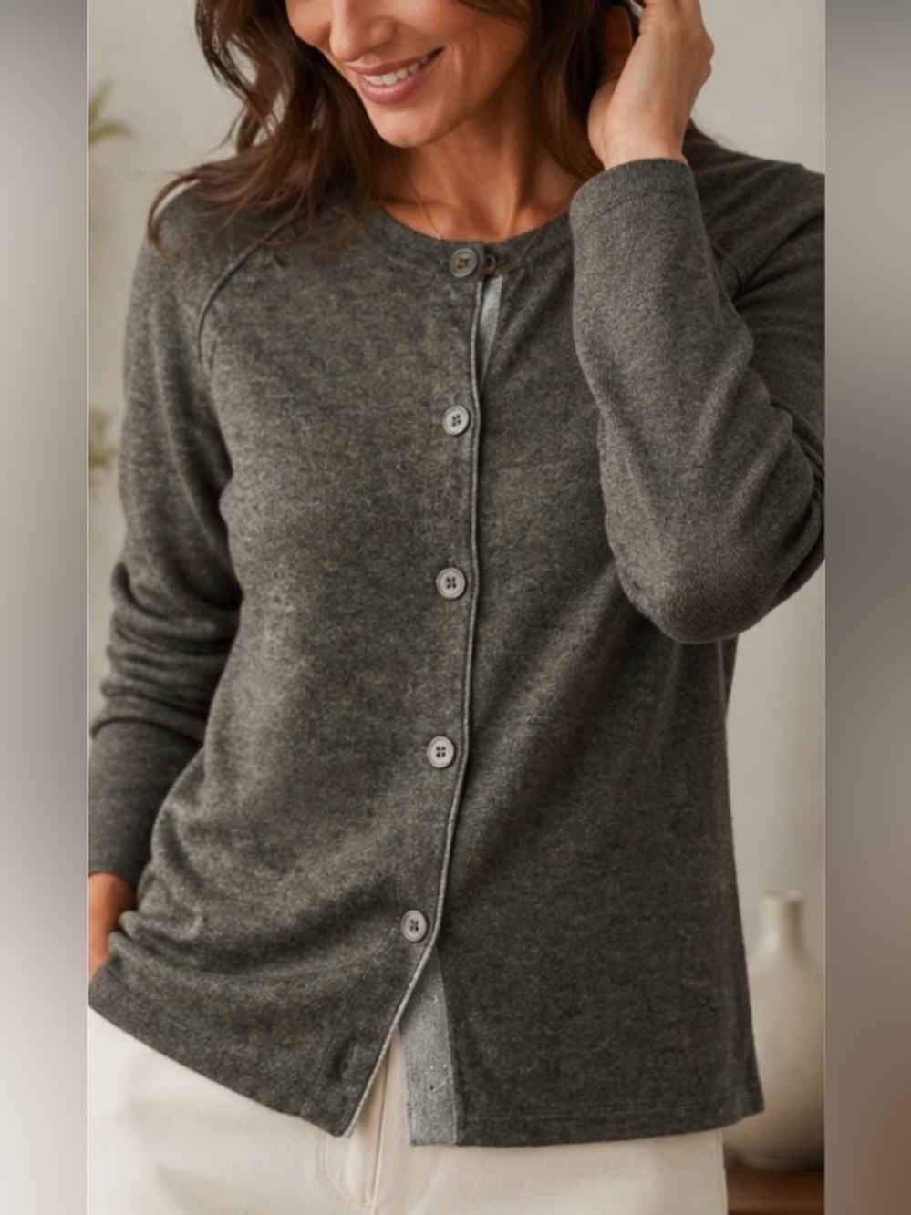 KIER + J 2 cashmere Charcoal grey Button-Up cardigan Sweater baby blue trim M